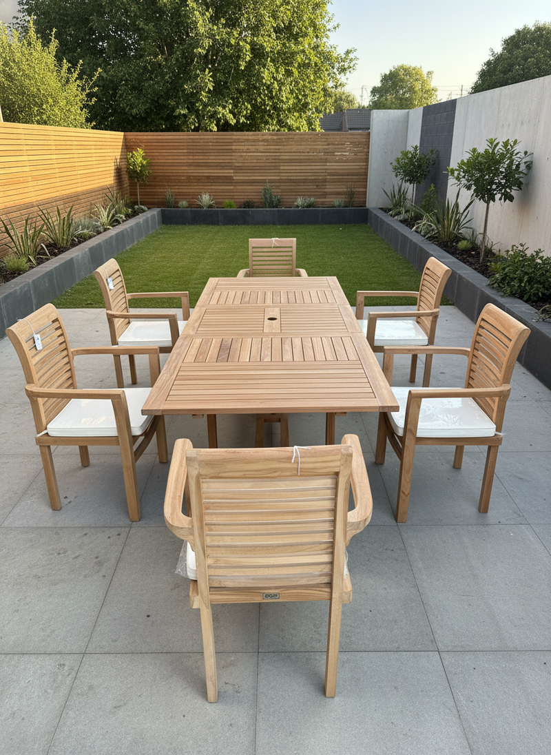 Teak Garden Furniture Set 180cm - 240cm Rectangle Dining table & 6 Enclave Stacking Chairs with Cushions!