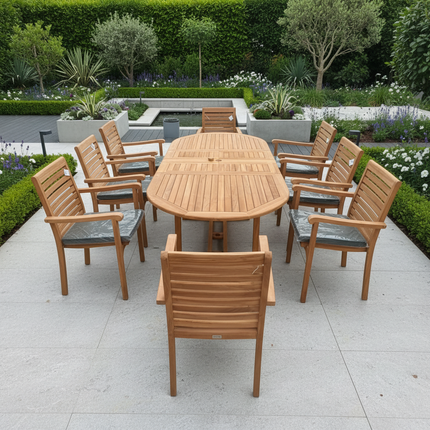 Teak Garden Furniture Set 180cm - 240cm Extending Dining Table & 8 Haven Chairs with Cushions