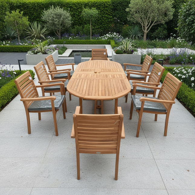 Teak Garden Furniture Set 180cm - 240cm Extending Dining Table & 8 Haven Chairs with Cushions