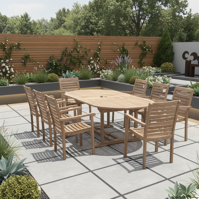Teak Garden Furniture Set 180cm - 240cm Extending Dining Table & 8 Haven Chairs with Cushions