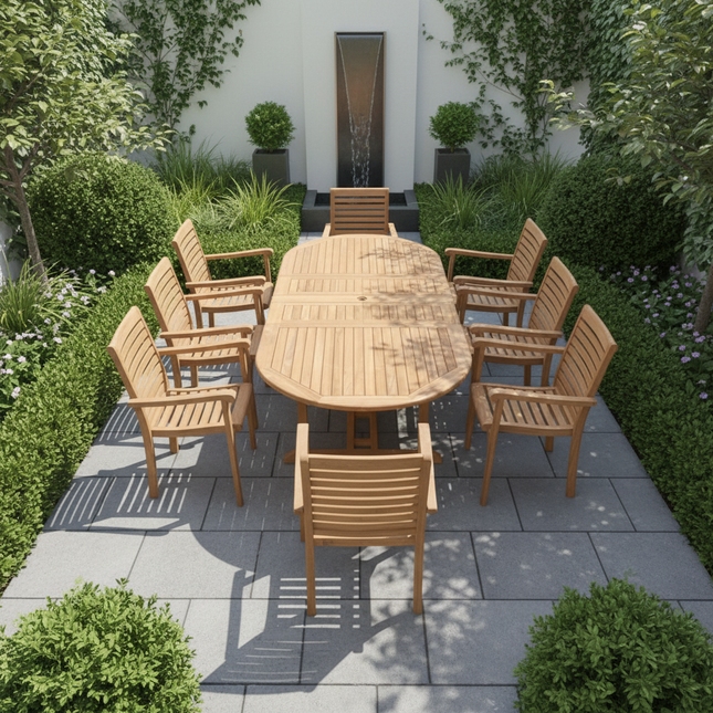Teak Garden Furniture Set 180cm - 240cm Extending Dining Table & 8 Haven Chairs with Cushions