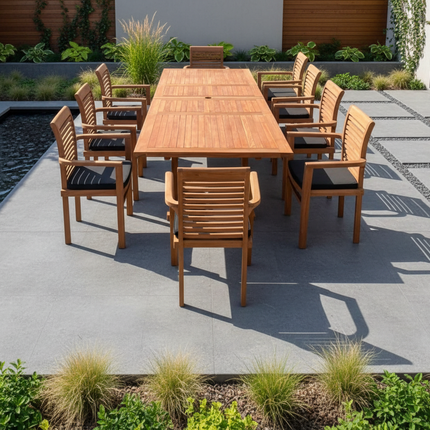 Teak Deluxe Garden Furniture Set 200cm - 300cm Dining Table 4CM Thick & 10 Chairs With Cushions