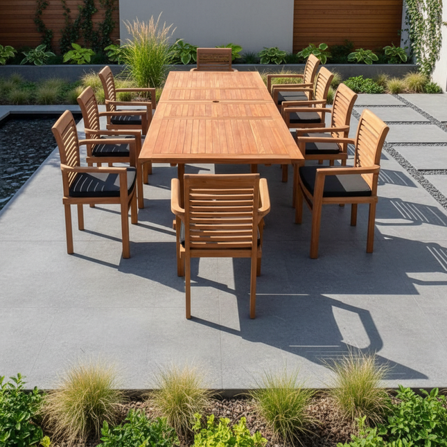 Teak Deluxe Garden Furniture Set 200cm - 300cm Dining Table 4CM Thick & 10 Chairs With Cushions