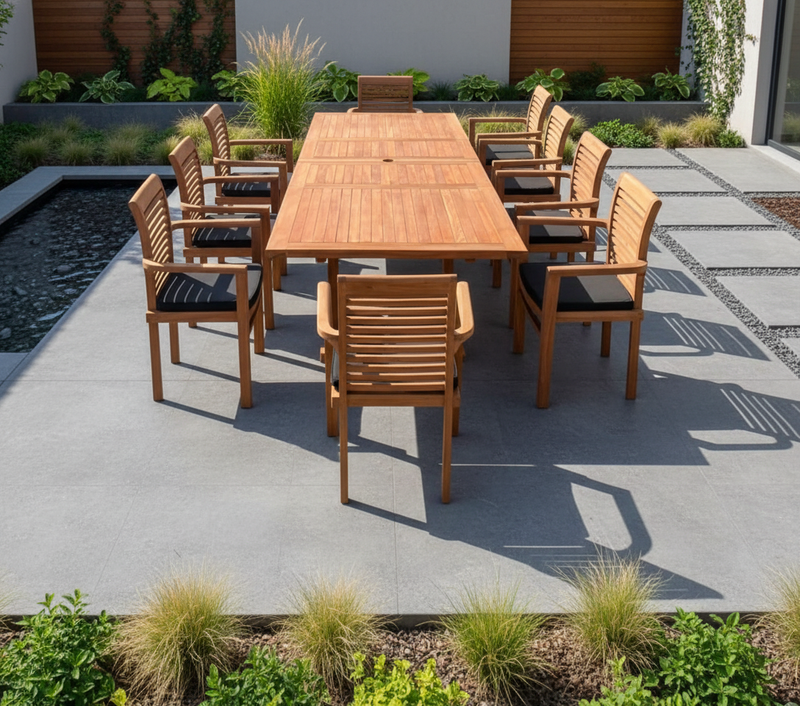 Teak Deluxe Garden Furniture Set 200cm - 300cm Dining Table 4CM Thick & 10 Chairs With Cushions