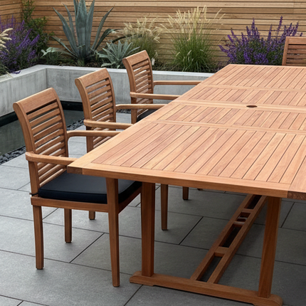 Teak Deluxe Garden Furniture Set 200cm - 300cm Dining Table 4CM Thick & 10 Chairs With Cushions