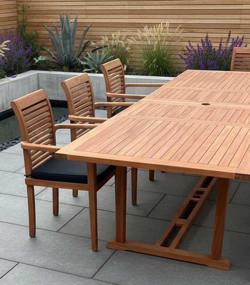 Teak Deluxe Garden Furniture Set 200cm - 300cm Dining Table 4CM Thick & 10 Chairs With Cushions