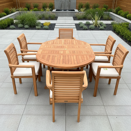 Teak Deluxe Garden Furniture Set 120cm - 170cm Oval Dining Table 4cm Thick & 6 Enclave Stacking Chairs With Cushions