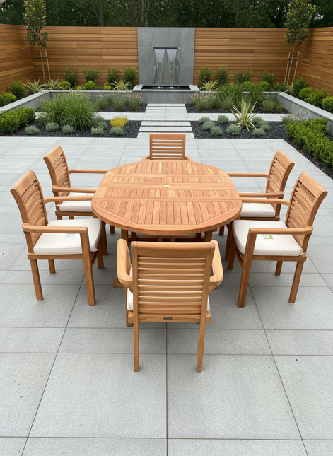 Teak Deluxe Garden Furniture Set 120cm - 170cm Oval Dining Table 4cm Thick & 6 Enclave Stacking Chairs With Cushions