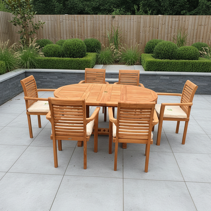 Teak Deluxe Garden Furniture Set 120cm - 170cm Oval Dining Table 4cm Thick & 6 Enclave Stacking Chairs With Cushions
