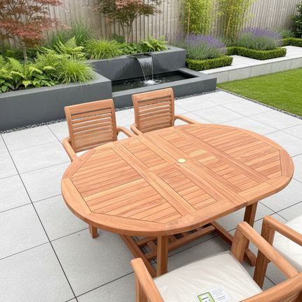 Teak Deluxe Garden Furniture Set 120cm - 170cm Oval Dining Table 4cm Thick & 6 Enclave Stacking Chairs With Cushions
