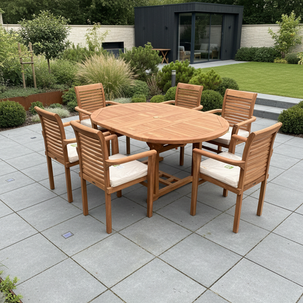 Teak Deluxe Garden Furniture Set 120cm - 170cm Oval Dining Table 4cm Thick & 6 Enclave Stacking Chairs With Cushions