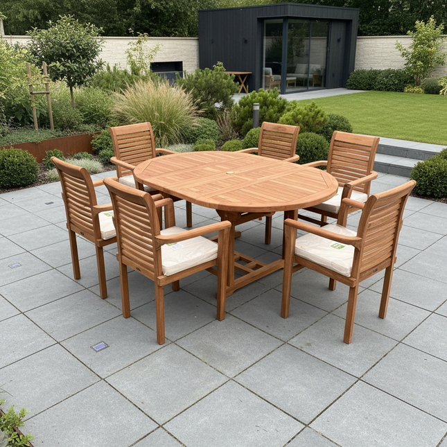 Teak Deluxe Garden Furniture Set 120cm - 170cm Oval Dining Table 4cm Thick & 6 Enclave Stacking Chairs With Cushions