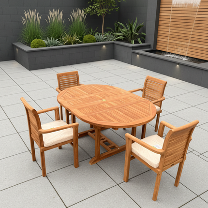 Teak Deluxe Garden Furniture Set 120cm - 170cm Oval Dining Table 4cm Thick & 6 Enclave Stacking Chairs With Cushions
