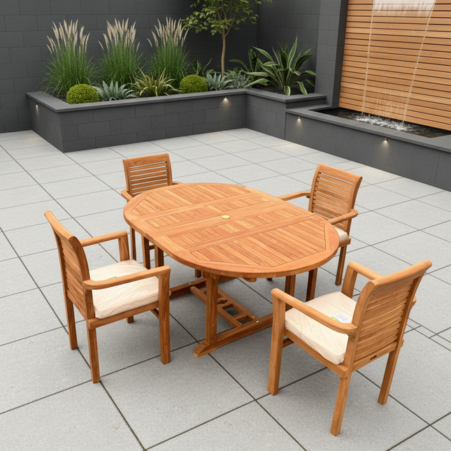 Teak Deluxe Garden Furniture Set 120cm - 170cm Oval Dining Table 4cm Thick & 6 Enclave Stacking Chairs With Cushions
