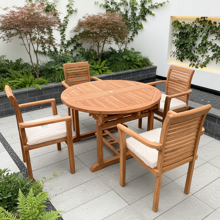 Teak Deluxe Garden Furniture Set 120cm - 170cm Oval Dining Table 4cm Thick & 6 Enclave Stacking Chairs With Cushions