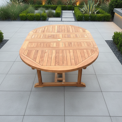 Teak Deluxe Garden Furniture Set 120cm - 170cm Oval Dining Table 4cm Thick & 6 Enclave Stacking Chairs With Cushions