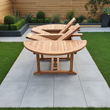 Teak Deluxe Garden Furniture Set 120cm - 170cm Oval Dining Table 4cm Thick & 6 Enclave Stacking Chairs With Cushions