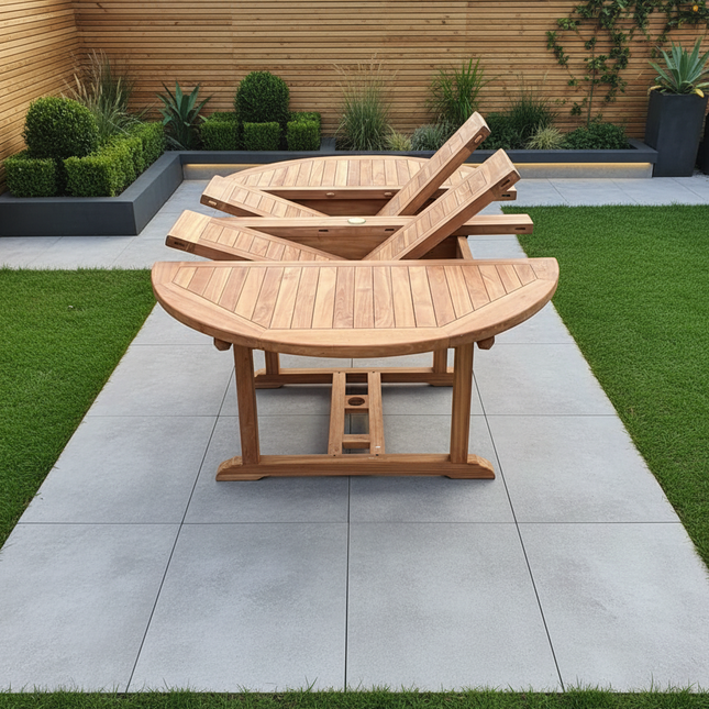 Teak Deluxe Garden Furniture Set 120cm - 170cm Oval Dining Table 4cm Thick & 6 Enclave Stacking Chairs With Cushions