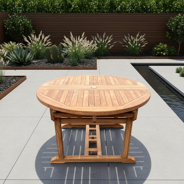Teak Deluxe Garden Furniture Set 120cm - 170cm Oval Dining Table 4cm Thick & 6 Enclave Stacking Chairs With Cushions