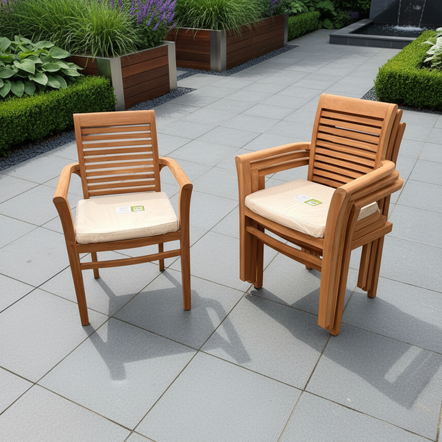 Teak Deluxe Garden Furniture Set 120cm - 170cm Oval Dining Table 4cm Thick & 6 Enclave Stacking Chairs With Cushions
