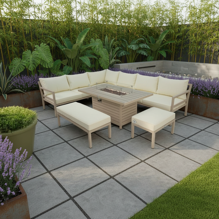Beige Zentari Aluminium Garden Furniture Corner Sofa Set With Fire pit Table - Modular