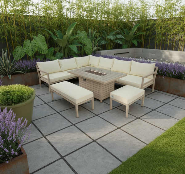 Beige Zentari Aluminium Garden Furniture Corner Sofa Set With Fire pit Table - Modular