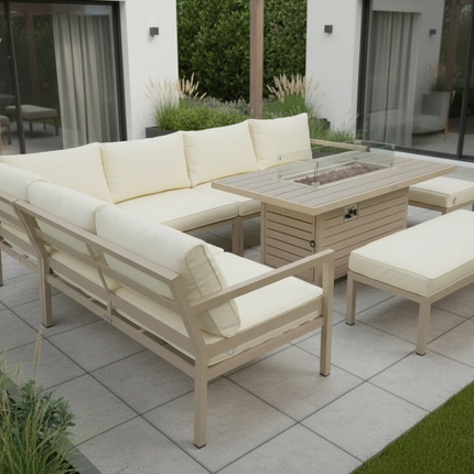 Beige Zentari Aluminium Garden Furniture Corner Sofa Set With Fire pit Table - Modular