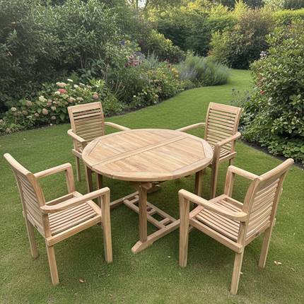 Teak Deluxe Garden Furniture Set 120cm - 170cm Oval Dining Table 4cm Thick Single leaf & 4 Enclave Stacking Chairs With Cushions
