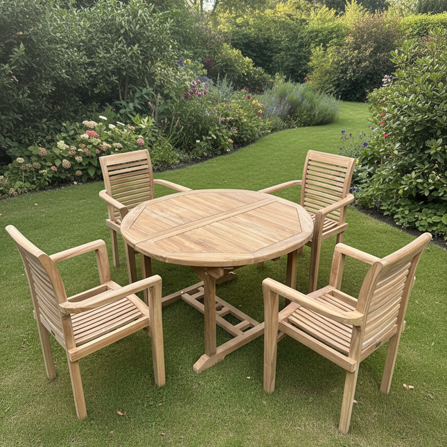 Teak Deluxe Garden Furniture Set 120cm - 170cm Oval Dining Table 4cm Thick Single leaf & 4 Enclave Stacking Chairs With Cushions