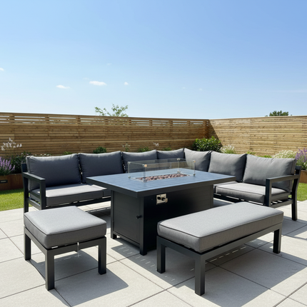 Charcoal Zentari Aluminium Garden Furniture Corner Sofa Set With Fire pit Table - Modular