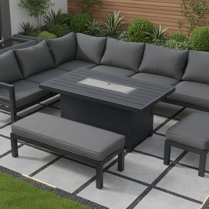 Charcoal Zentari Aluminium Garden Furniture Corner Sofa Set With Fire pit Table - Modular