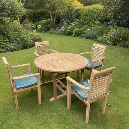 Teak Deluxe Garden Furniture Set 120cm - 170cm Oval Dining Table 4cm Thick Single leaf & 4 Enclave Stacking Chairs With Cushions