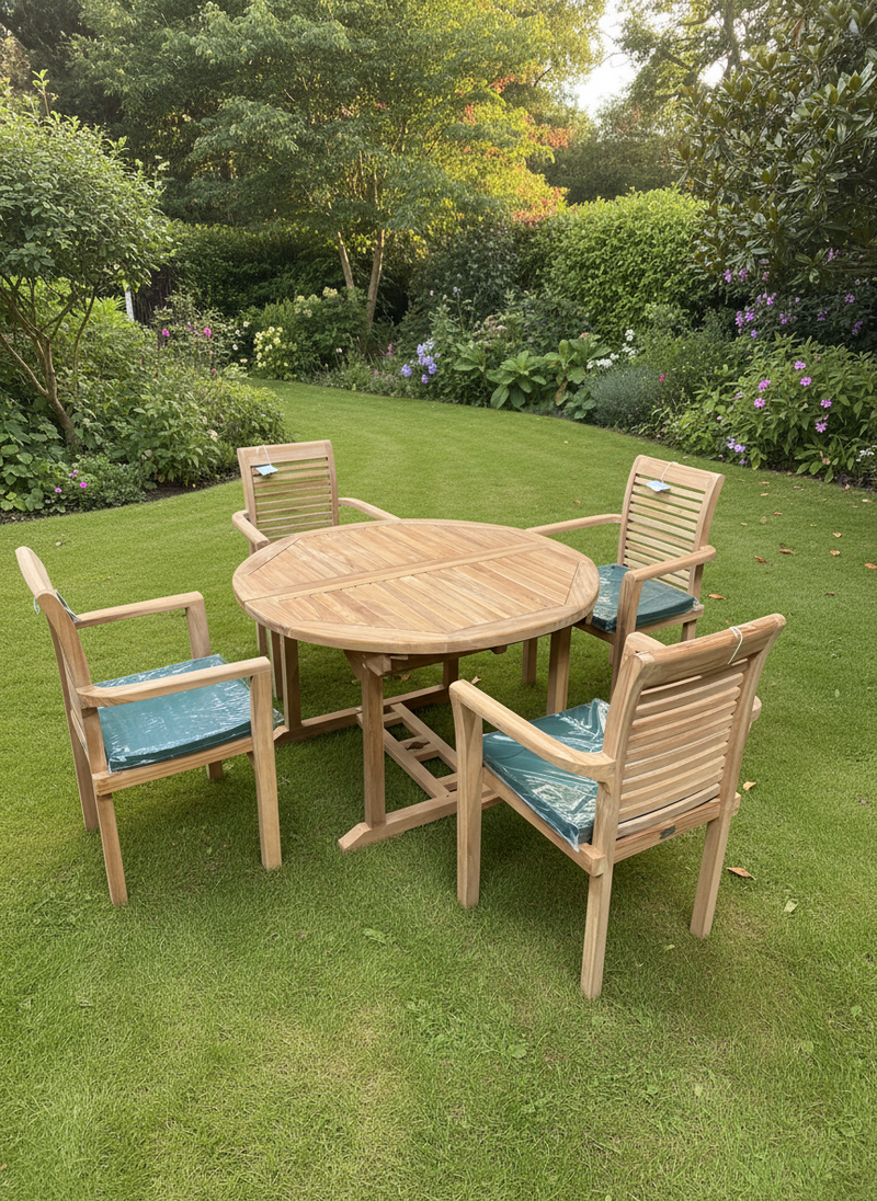 Teak Deluxe Garden Furniture Set 120cm - 170cm Oval Dining Table 4cm Thick Single leaf & 4 Enclave Stacking Chairs With Cushions