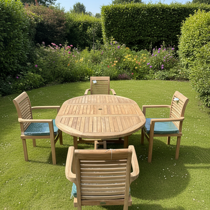 Teak Deluxe Garden Furniture Set 120cm - 170cm Oval Dining Table 4cm Thick Single leaf & 4 Enclave Stacking Chairs With Cushions
