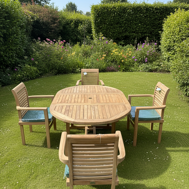 Teak Deluxe Garden Furniture Set 120cm - 170cm Oval Dining Table 4cm Thick Single leaf & 4 Enclave Stacking Chairs With Cushions
