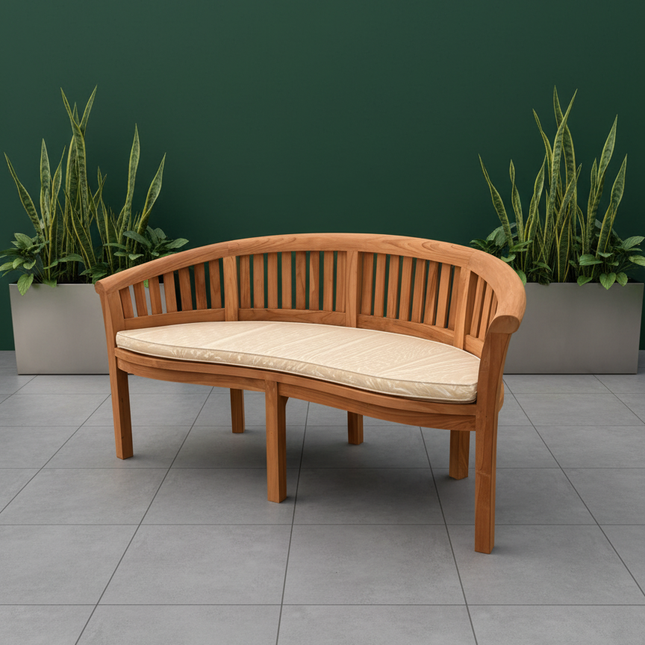 Teak Harmony Curved Garden Bench Set Vertical With Coffee Table Four Piece