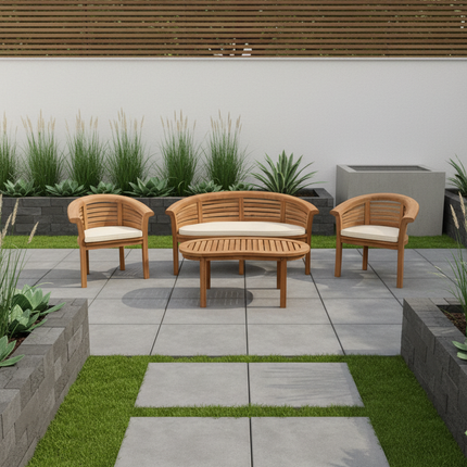 Teak Harmony Curved Garden Bench Set Horizon Extra Thick Four Piece