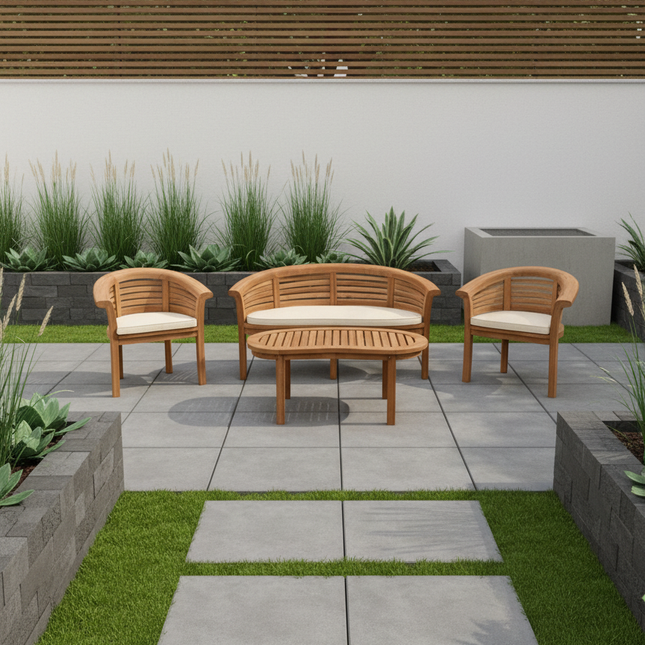 Teak Harmony Curved Garden Bench Set Horizon Extra Thick Four Piece