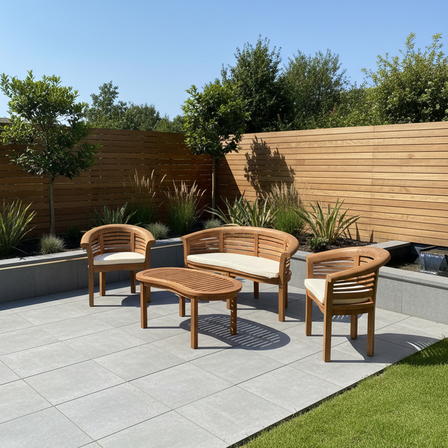 Teak Harmony Curved Garden Bench Set Horizon Extra Thick Four Piece