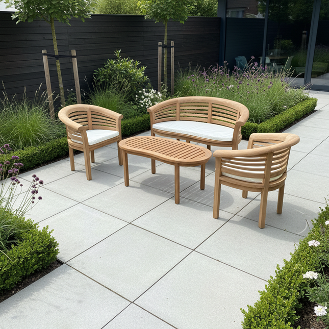 Teak Harmony Curved Garden Bench Set Horizon Extra Thick Four Piece