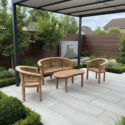 Teak Harmony Curved Garden Bench Set Horizon Extra Thick Four Piece