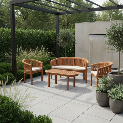 Teak Harmony Curved Garden Bench Set Vertical With Coffee Table Four Piece