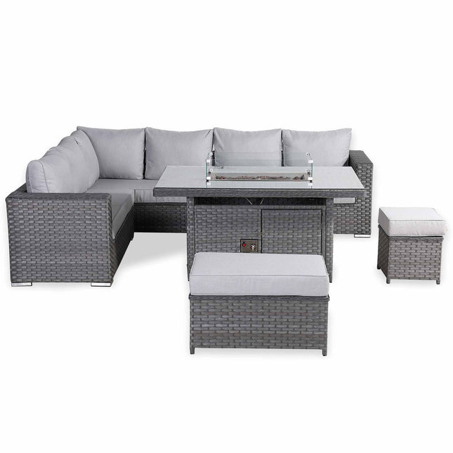 Calista Rattan Garden Furniture Corner Sofa Set With Firepit Table Grey
