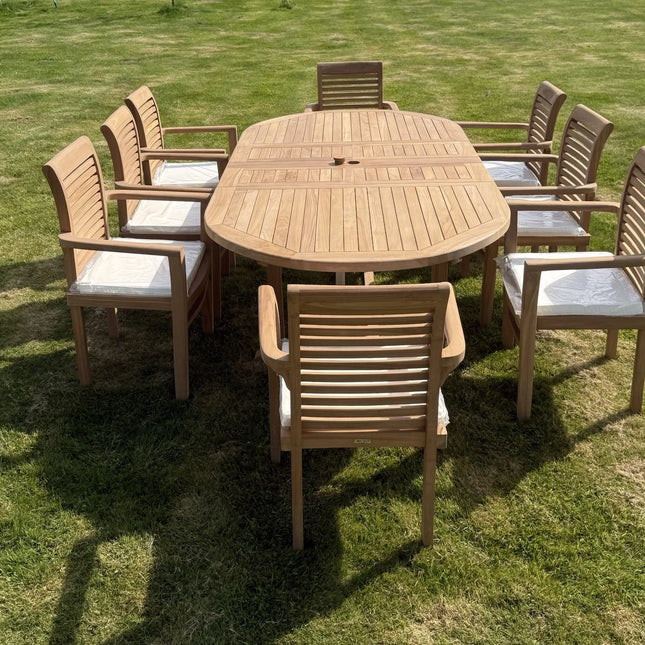 Teak Garden Furniture Set 4CM Thick 180cm - 240cm Dining table & 8 Chairs with Cushions