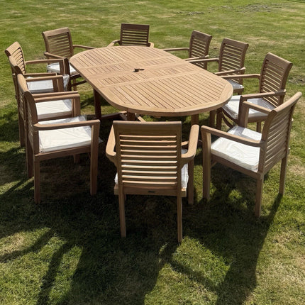 Teak Garden Furniture Set 4CM Thick 180cm - 240cm Dining table & 10 Chairs with Cushions