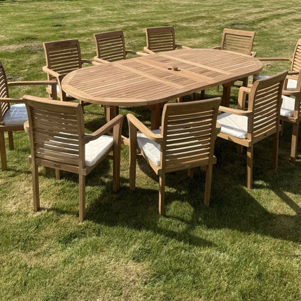 Teak Garden Furniture Set 4CM Thick 180cm - 240cm Dining table & 10 Chairs with Cushions