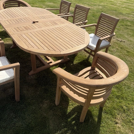 Teak Garden Furniture Set 4cm 180cm - 240cm Extending Dining Table & 6 Chairs + 2 Harmony Curve Chairs