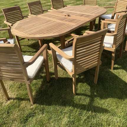 Teak Garden Furniture Set 4CM Thick 180cm - 240cm Dining table & 10 Chairs with Cushions