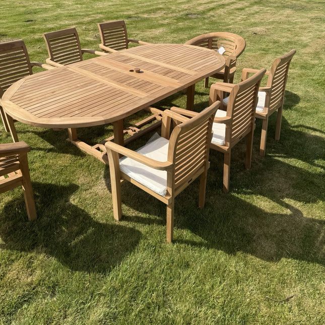 Teak Garden Furniture Set 4cm 180cm - 240cm Extending Dining Table & 6 Chairs + 2 Harmony Curve Chairs