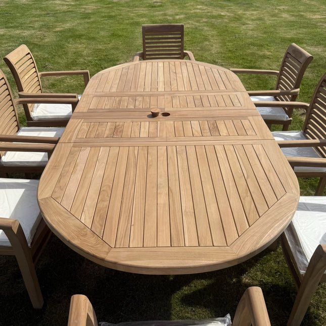 Teak Garden Furniture Set 4CM Thick 180cm - 240cm Dining table & 8 Chairs with Cushions